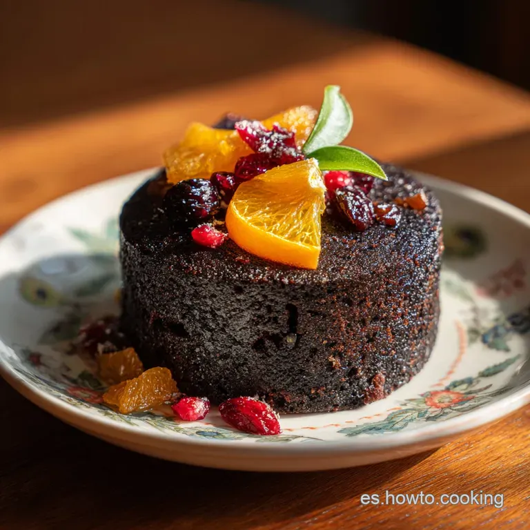 Slice of moist, dark cake dusted with powdered sugar, beside a cup of warm coffee. Inviting Christmas treat, beautifully p...