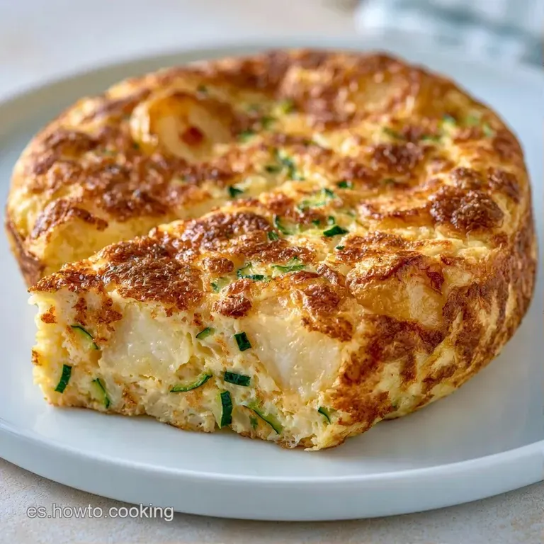 Cuña de tortilla amarilla y jugosa sobre plato blanco, adornada con perejil fresco y un hilo de aceite oliva brillante.