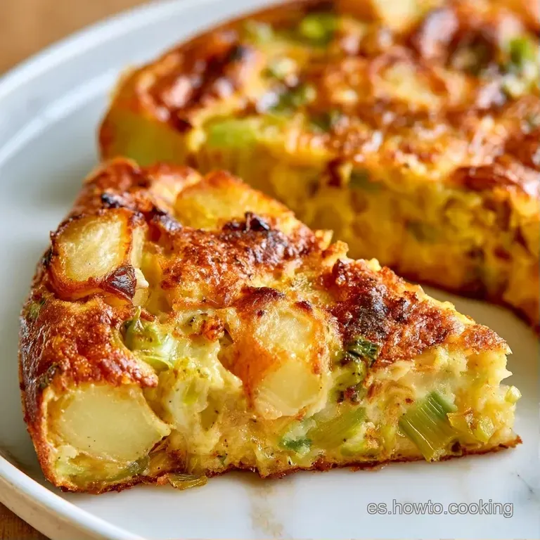 Porción triangular de tortilla amarilla brillante servida en plato cerámico con una rama de perejil fresco encima.