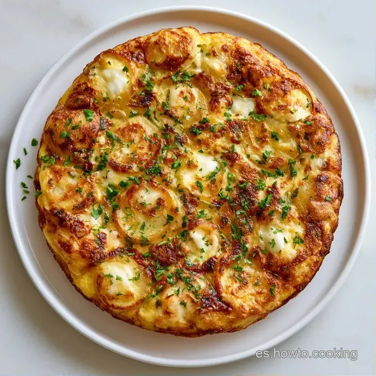 Porción triangular de tortilla dorada en plato de cerámica, adornada con perejil fresco y gotas de aceite brillante.