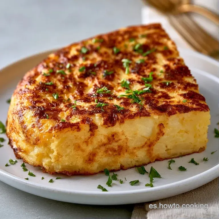 Porción triangular de tortilla jugosa con interior cremoso, servida en plato cerámico con una hoja de perejil fresco.