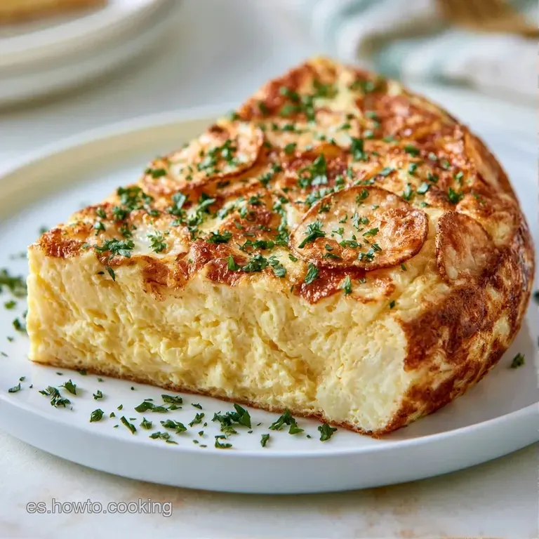 Rebanada triangular de tortilla amarilla brillante en plato cerámico, decorada con perejil fresco y luz natural suave.