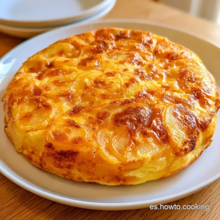 Triángulo de tortilla amarilla brillante sobre cerámica gris, decorado con hojas verdes y gotas de aceite virgen.
