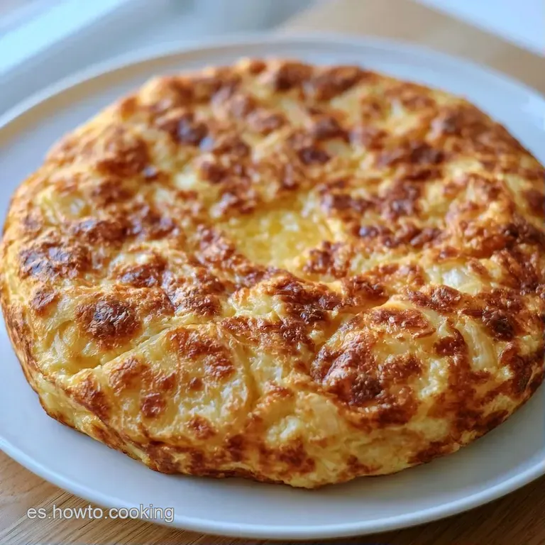 Porción triangular de tortilla amarilla pálida en plato cerámico, acompañada de hojas verdes frescas y luz natural.