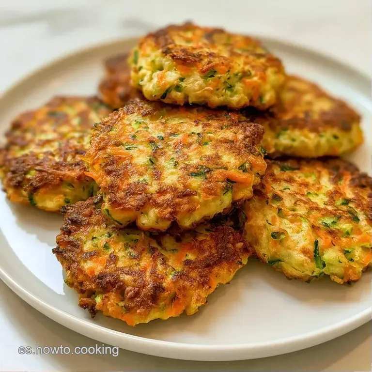 Torre de tortitas vegetales tostadas, decoradas con hojas verdes frescas y un hilo de miel sobre plato de cer&aacute;mica.