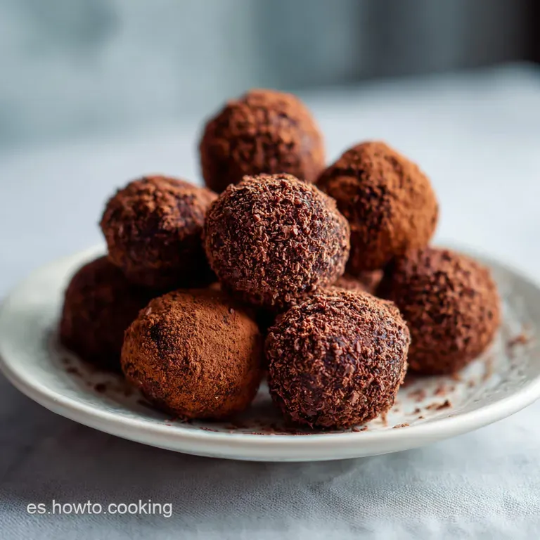 Elegant chocolate truffles piled artfully on a white plate, cocoa powder dusting. A dessert fork rests nearby, hinting at ...