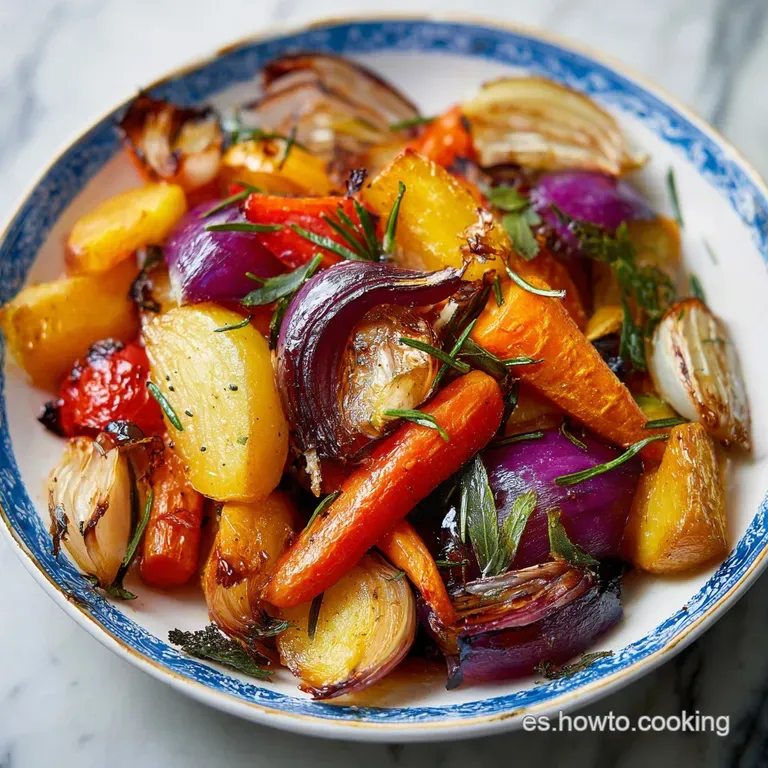 A medley of glistening roasted vegetables artfully arranged on a white plate, herbs sprinkled with a drizzle of olive oil.