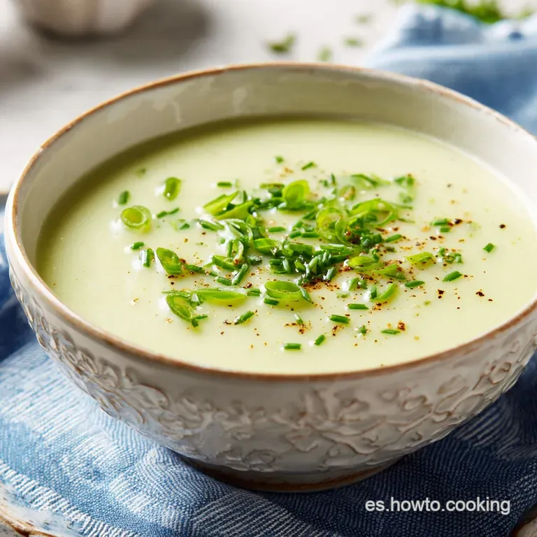 Elegant bowl of chilled vichyssoise, topped with a single, bright green chive and a glistening pool of olive oil. Simple, ...