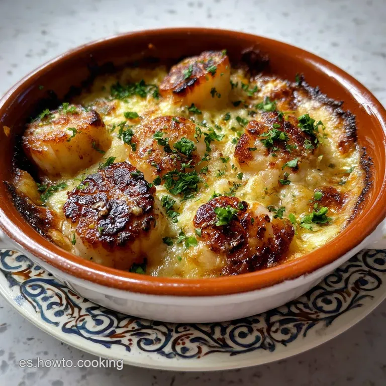 Elegant presentation of scallop shells filled with seasoned scallops, baked to a golden hue, garnished with herbs on a whi...