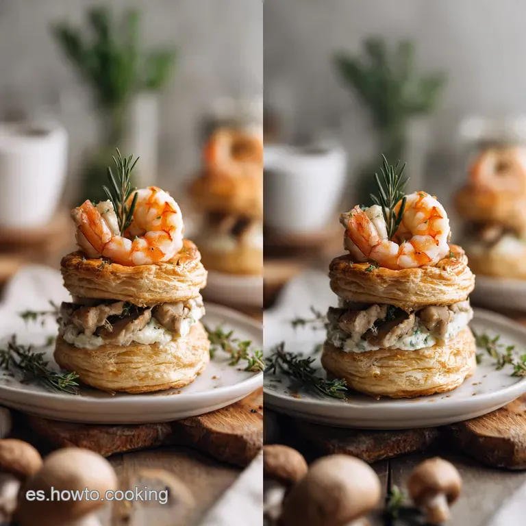 A single vol-au-vent on a plate. Lightly browned, crispy puff pastry with a rich, glossy filling peeking through.