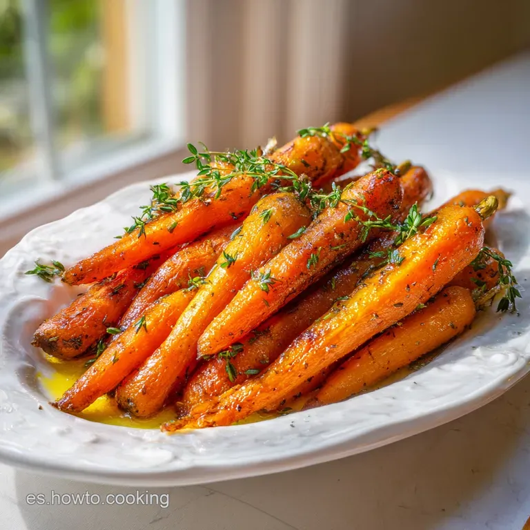 A vibrant mound of honey-glazed carrots, topped with fresh green herbs, artfully arranged on a white plate.